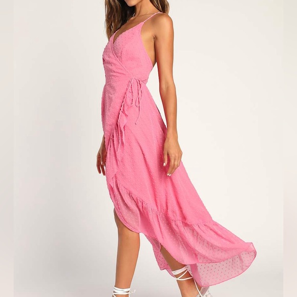Lulus Bubblegum Pink Swiss Dot Effortlessly Easy High-Low Midi Wrap Dress XS - Picture 12 of 12